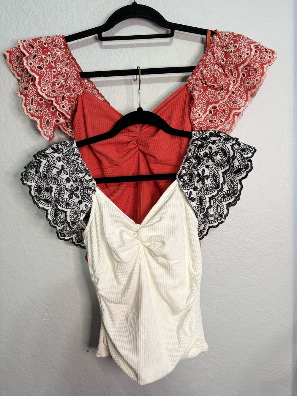 Anthropologie Coral red (sm)  and white (xs) Eyelet  Twist-Front Top Bundle